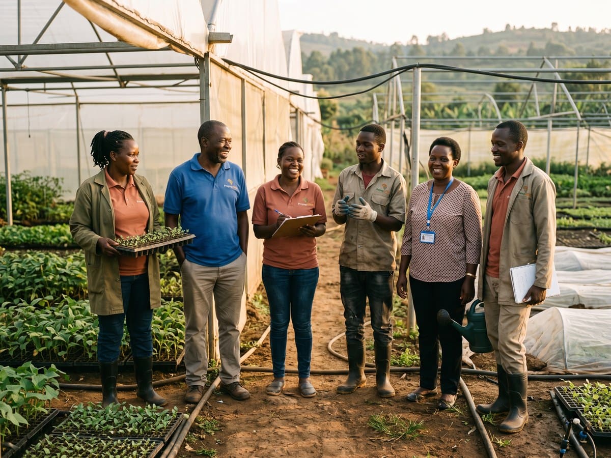 A PropagAfrica Technologies team member reviewing a grafting batch with a customer at a nursery bench