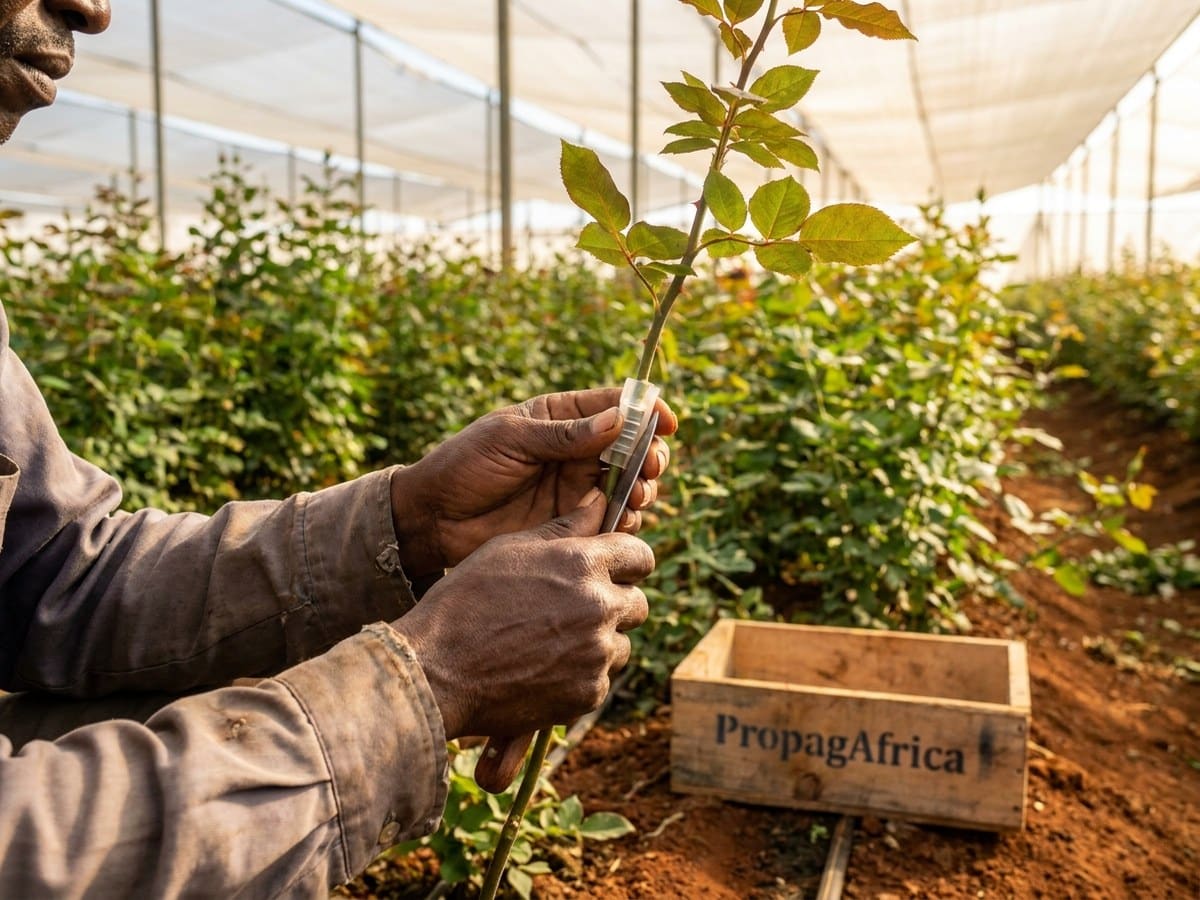 Grafting tubes and clips in use during a rose propagation run