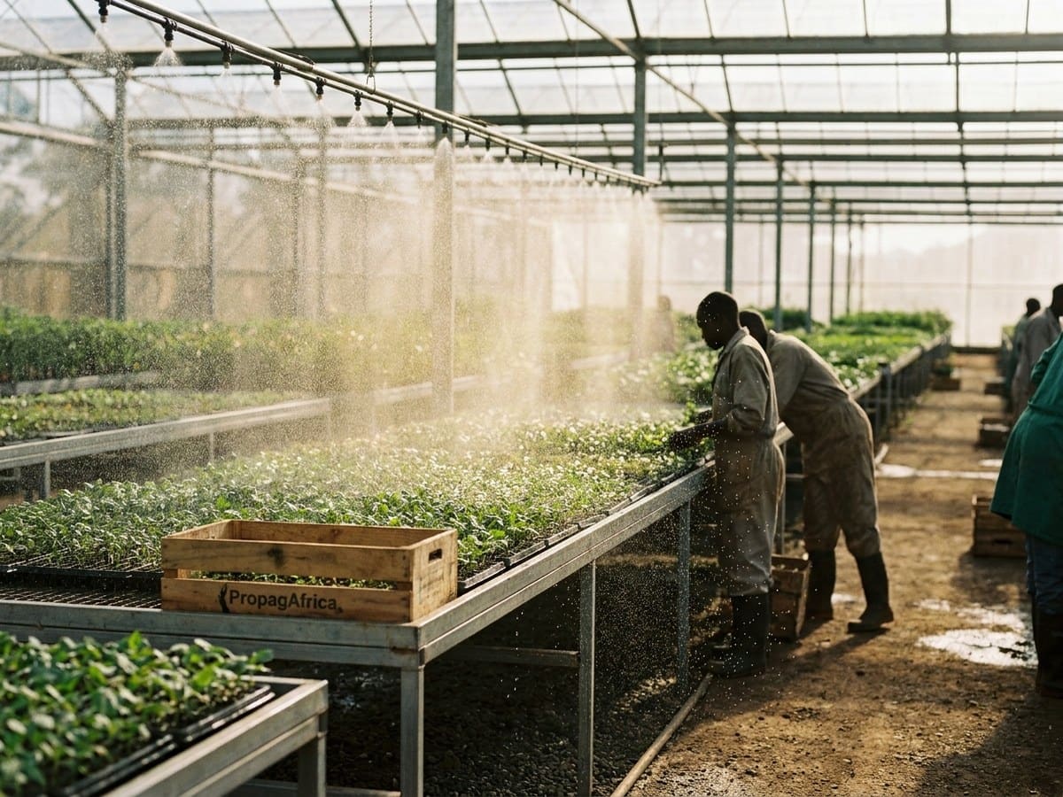 Drip irrigation running across a propagation block