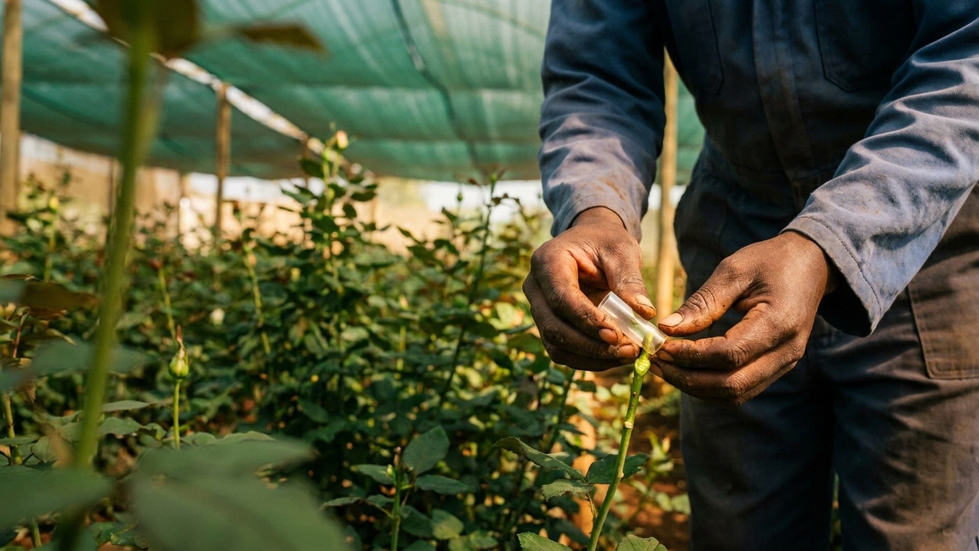 Grafting tubes and clips in use on a rose propagation bench