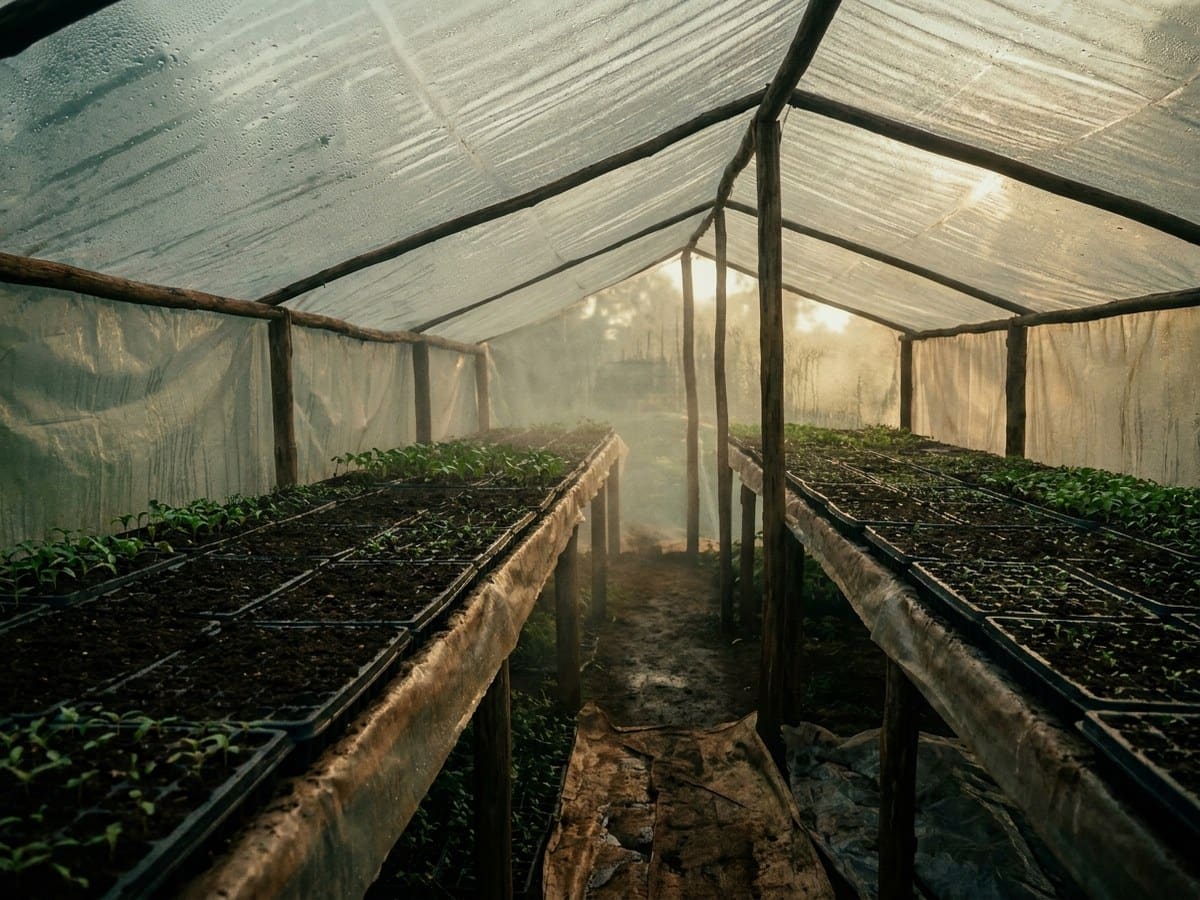Grafted cuttings rooting on a misted bench under controlled humidity