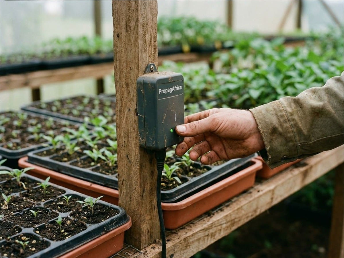 A monitoring sensor logging temperature, humidity and VPD above a bench