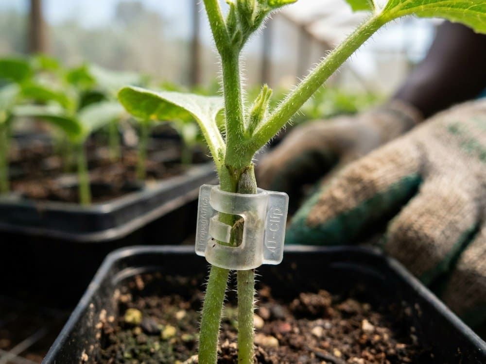 A tomato clip fitted to a young grafted seedling