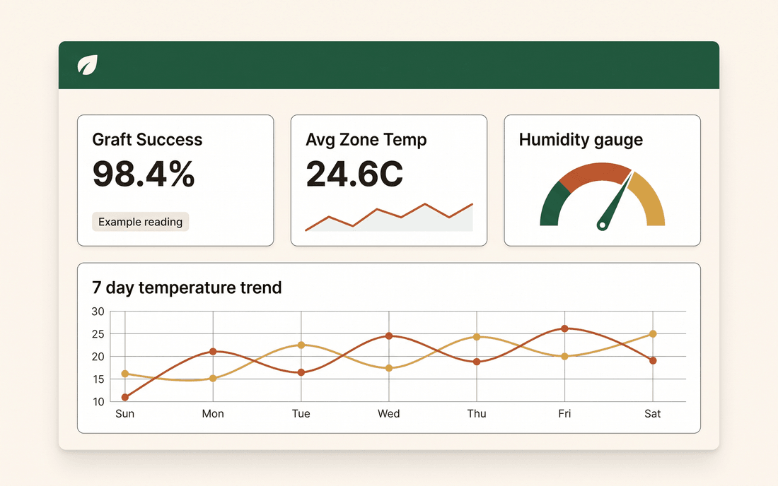 PropagAfrica Monitoring dashboard showing temperature, humidity and VPD readings