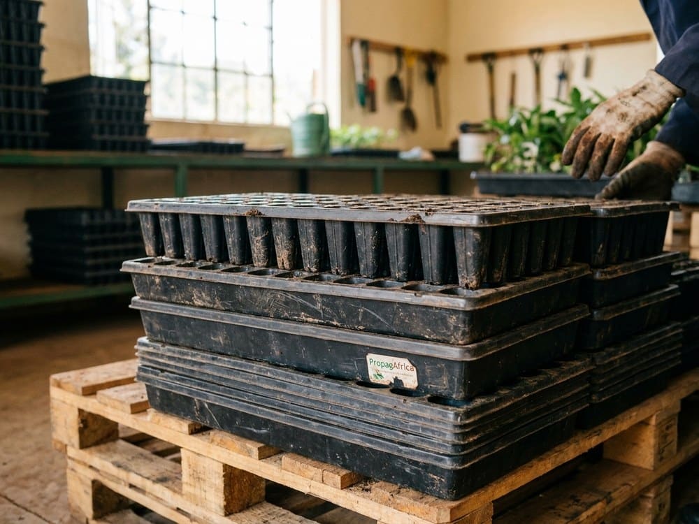 Propagation trays and inserts stacked for a nursery batch