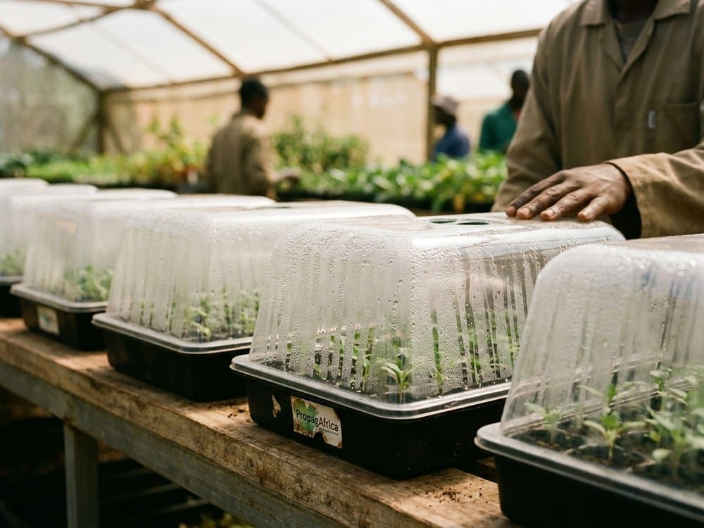 Humidity domes covering a tray of cuttings