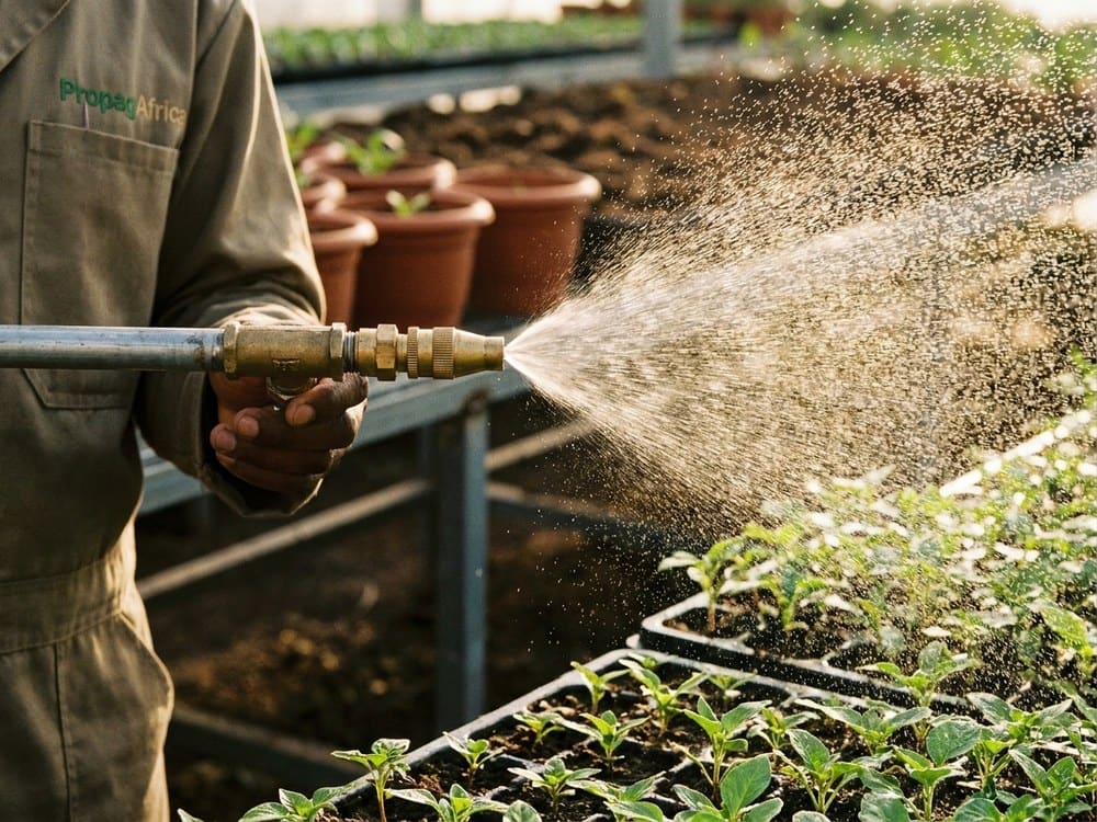 A misting system installed above a propagation bench