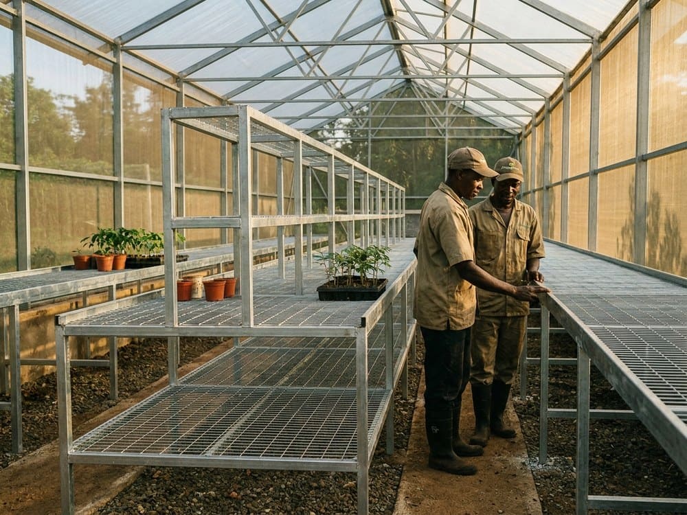 Drip irrigation lines feeding a propagation bench