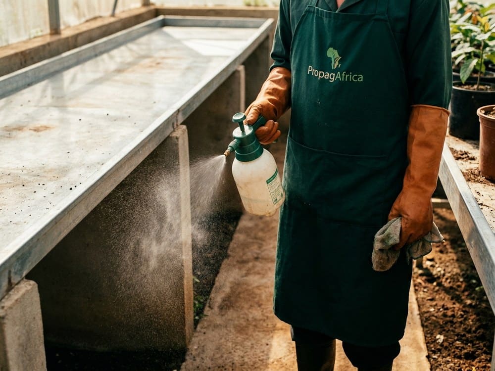 Disinfectant being applied to a propagation bench