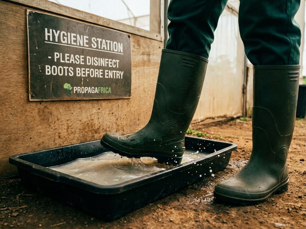 A footbath at the entrance to a nursery block