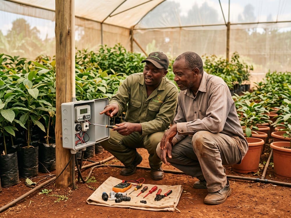 A PropagAfrica technical team member training nursery staff at a propagation block